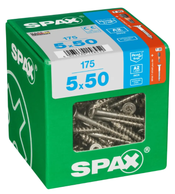 SPAX Edelstahlschraube, 5 x 50 mm, 175 Stück, Teilgewinde, Senkkopf, T-STAR plus T20, 4CUT, Edelstahl rostfrei A2, 4197000500506
